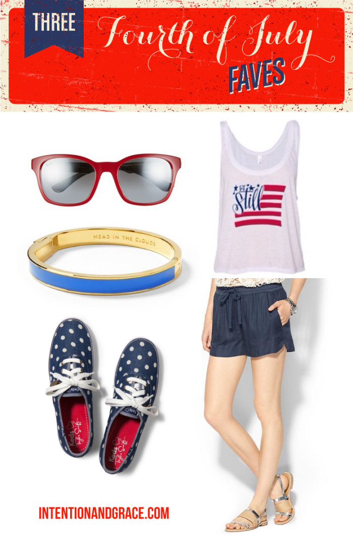 Fourth of July Fashion Style for fireworks, lake trips, picnics, work and more. Acessorize in your Red, White and Blue, or wear your favorite American flag t | Intentionandgrace.com